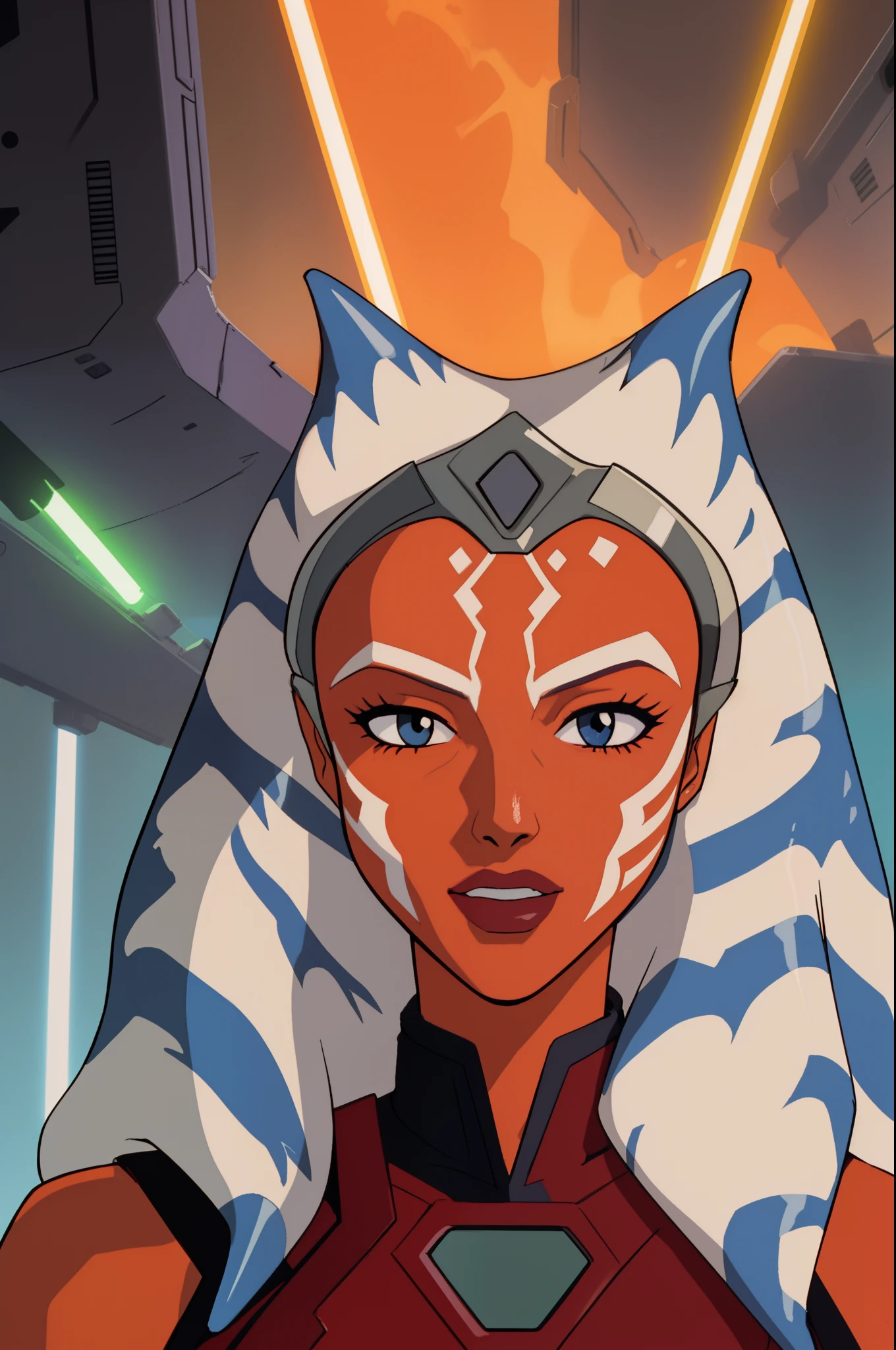 ahsoka_tano, orange skin, facial mark, tattoo with lightsaber  evangelion anime style