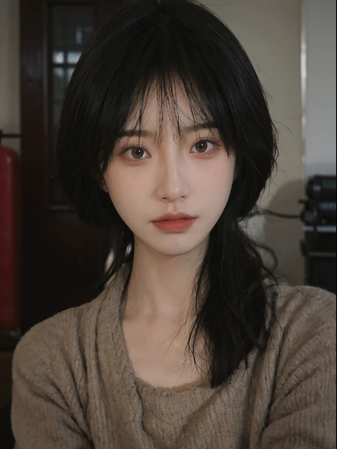 Best quality， 超高分辨率， （realistically：1.4）， A woman with long black hair and a gray sweater, The medium scene is, she has red hair，through bangs, young lovely Korean faces, Cute Korean face, Urzans, Shin Jinying, beautiful aesthetic face, Korean facial features, Played by Liu Li Zhien ，beautiful realistic face