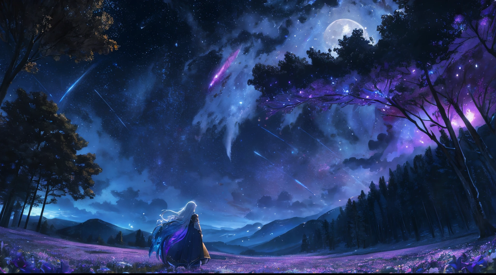 Expansive landscape photograph, (view from below with a view of the sky and wilderness below), one girl with very long white hair girl standing in a flower field looking up, close up, off shoulder purple starry sky dress, constellation, (full moon: 1.2), (shooting star: 0.9), (nebula: 1.3), distant mountain, tree break production art, (warm light source: 1.2), (firefly: 1.2), lamp, intricate detail, volume lighting, realism break (masterpiece: 1.2) (Best Quality), 4K, Ultra-Detailed, (Dynamic Configuration: 1.4), Highly Detailed and Colorful Details, (Iridescent Colors: 1.2), (Glowing Lighting, Atmospheric Lighting), Dreamy, Magical, (Solo: 1.2)