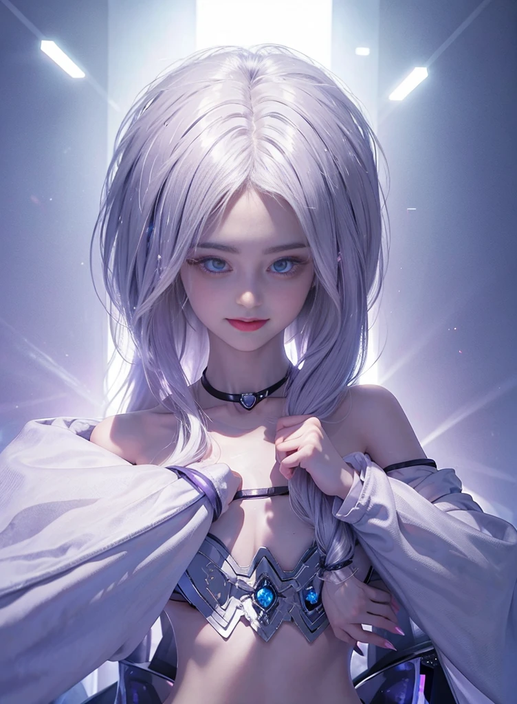 fluorescent silver hair，Nice face，purple Bikini，Heterochromatic pupil，ssmile，rays of sunshine，Full body photo
