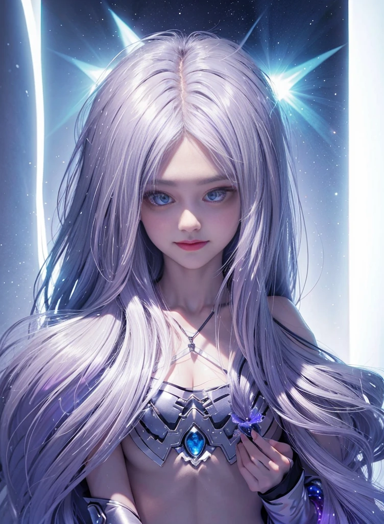 fluorescent silver hair,Nice face,purple Bikini,Heterochromatic pupil,ssmile,rays of sunshine,Full body photo