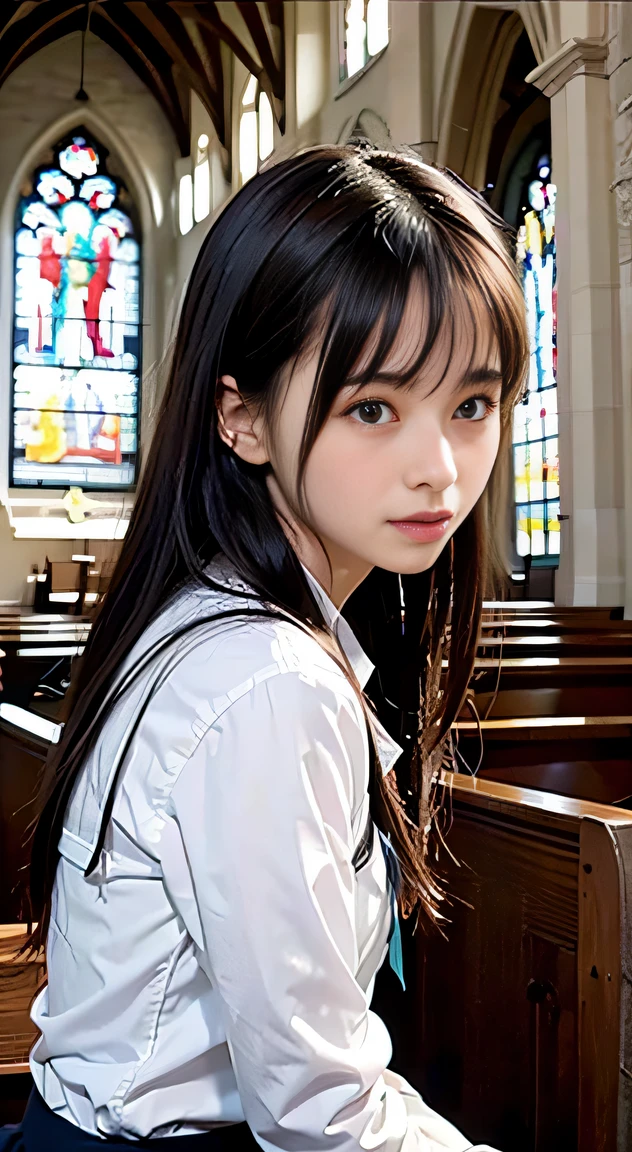 Japanese Girls, masterpiece, highest quality, One Girl, (Beautiful girl, Delicate girl:1.3), (18-year-old:1.3), masterpiece, highest quality, One Girl, (Beautiful girl, Delicate girl:1.3), Very fine grain definition, (Symmetrical eyes:1.3), (Inside the church, younger sister, Pray to God:1.3), Small breasts, Brown eyes, Parted bangs, Black Hair