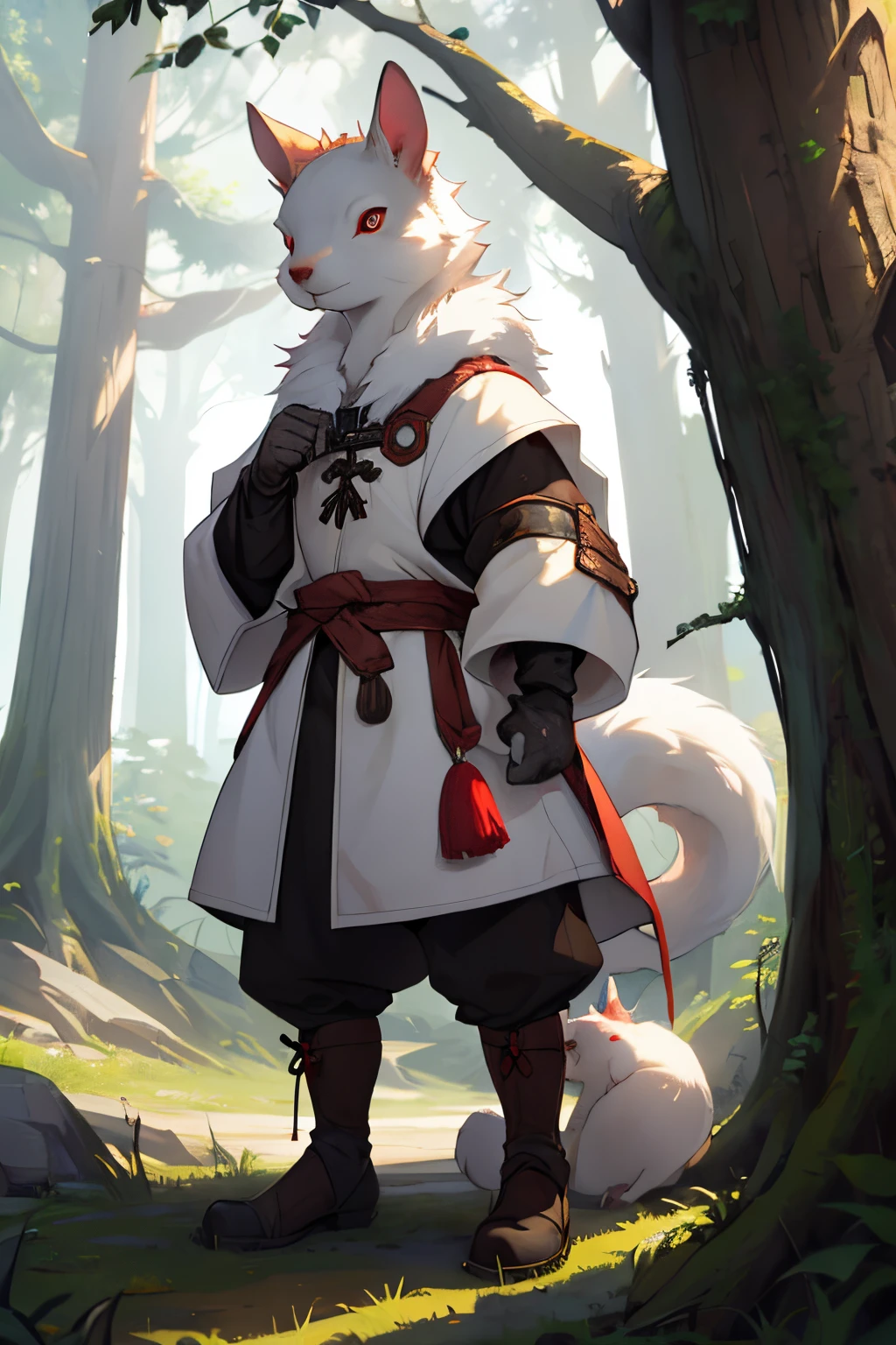 White squirrel, werewolf squirrel, white skin, all covered with wool, Medieval times, Squirrel, squirrel on two legs, squirrel covered only with fur and without clothes, small rodent, wild squirrel, one squirrel, in full height, red eyes, furry tail, brush in hand.