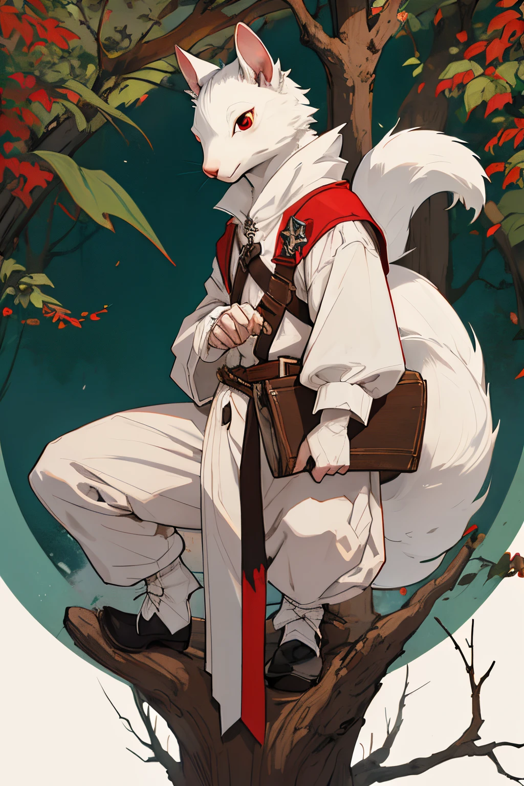 White squirrel, werewolf squirrel, white skin, all covered with wool, Medieval times, Squirrel, squirrel on two legs, squirrel covered only with fur and without clothes, small rodent, wild squirrel, one squirrel, in full height, red eyes, furry tail, brush in hand.