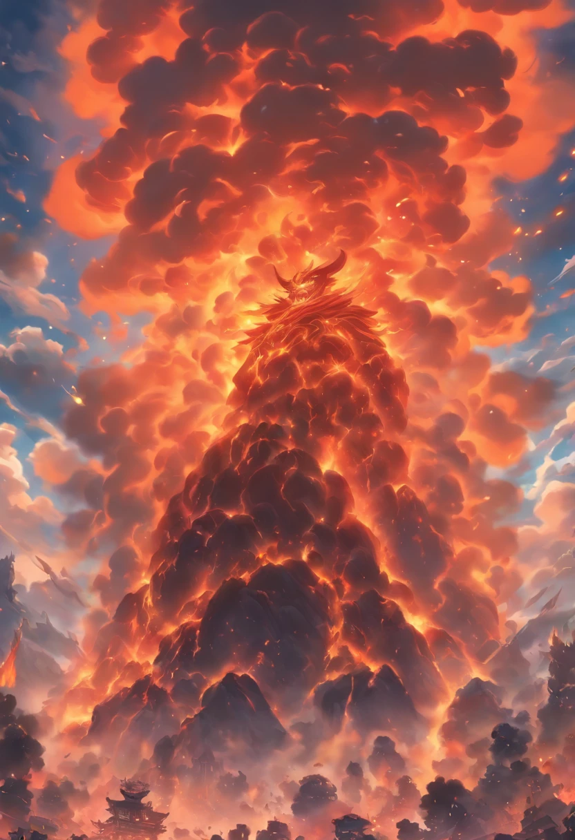 Best quality，tmasterpiece，8K，Detailed details，hyper-high detail，Lava giants，Body rupture，Magma flow，Whole body burned with flames，theelementoffire，Humanoid monster made of rock，Raise both hands，Smash the ground like crazy，The earth cracks，废墟，with smoke and dust filling the air，smoky，The body passes through the clouds，without humans
