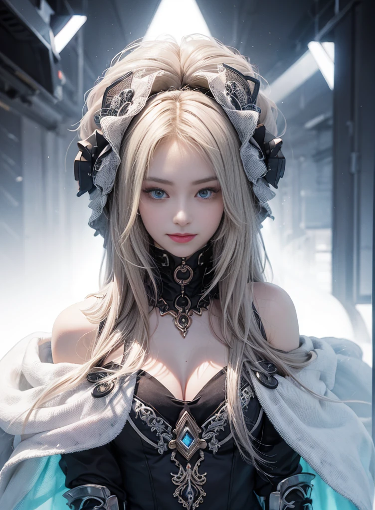 Fluorescent blonde long hair，Nice face，Gray bikini，Heterochromatic pupil，ssmile，apathy，比基尼，fully body photo