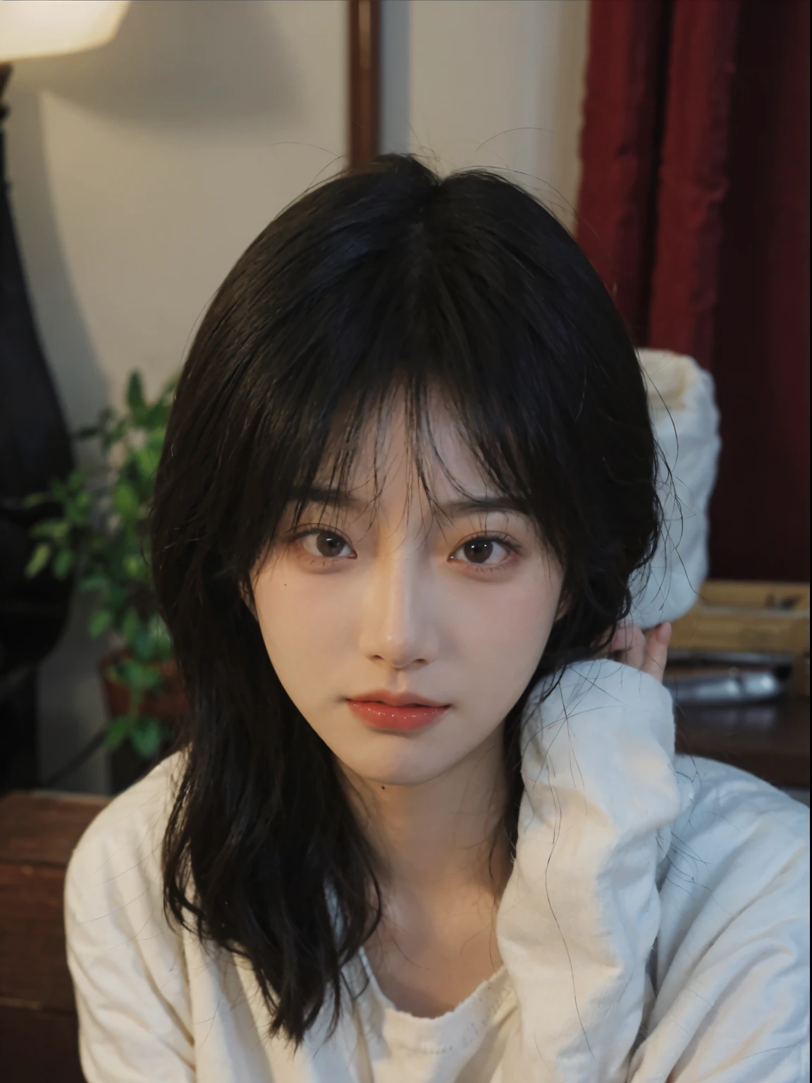 Best quality, 超高分辨率, (realistically:1.4), A woman with long black hair and a gray sweater, The medium scene is, she has red hair,through bangs, young lovely Korean faces, Cute Korean face, Urzans, Shin Jinying, beautiful aesthetic face, Korean facial features, Played by Liu Li Zhien ,beautiful realistic face