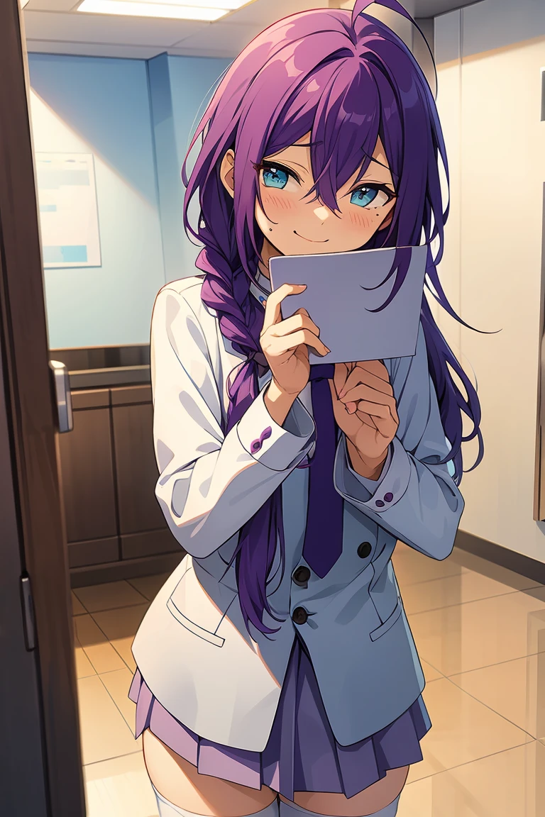 long hair, mole under mouth, purple hair, single braid, hair between eyes, aqua eyes, ahoge, closed mouth, blush, smile, cowboy shot, white shirt, necktie, suit, mini skirt, love letter, holding a love letter, thighhighs, indoors, school