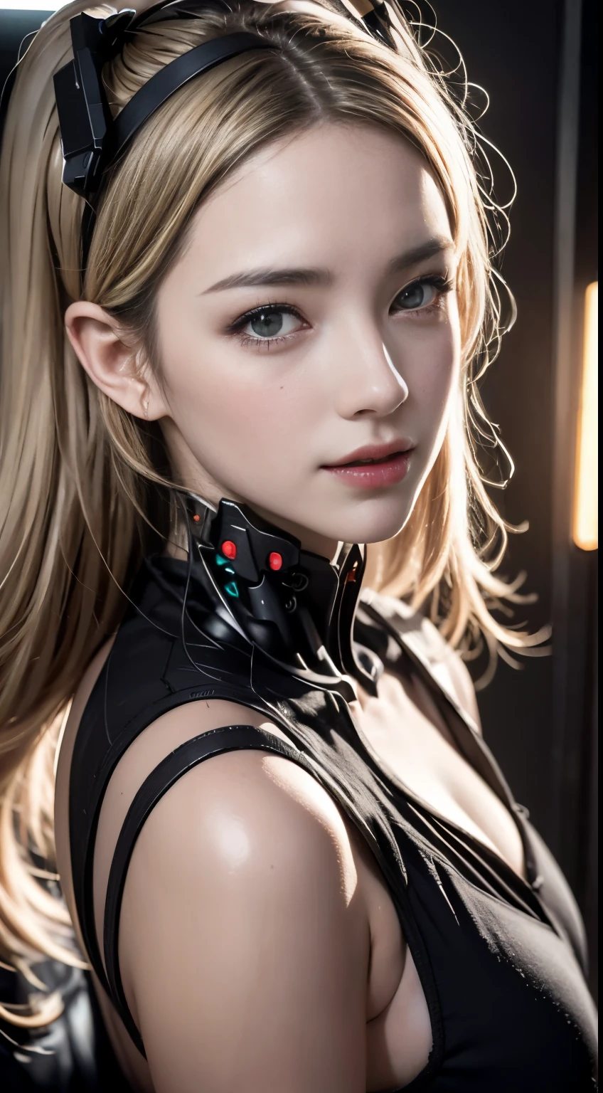 (1 Mechanical Girl)、top-quality、masterpiece、超A high resolution、(Photorealsitic:1.4)、Raw photo、女の子1人、Golden hair、glowy skin、(((1 Mechanical Girl)))、(Small LED)、((super realistic details))、portlate、globalillumination、Shadow、octan render、8K、ultrasharp、Colossal tits、Raw skin is exposed in cleavage、metals、Details of complex ornaments、Japan details、highly intricate detail、Realistic light、CGSoation Trends、Red Eyes、radiant eyes、Facing the camera、neon details、(Mechanical limbs)、(blood vessels connected to tubes)、Mechanical vertebrae attached to the back、mechanical cervical attaching to neck、(Wires and cables connecting to the head)、Gundam、Small LED、,Mechanical thighs、Toostock、