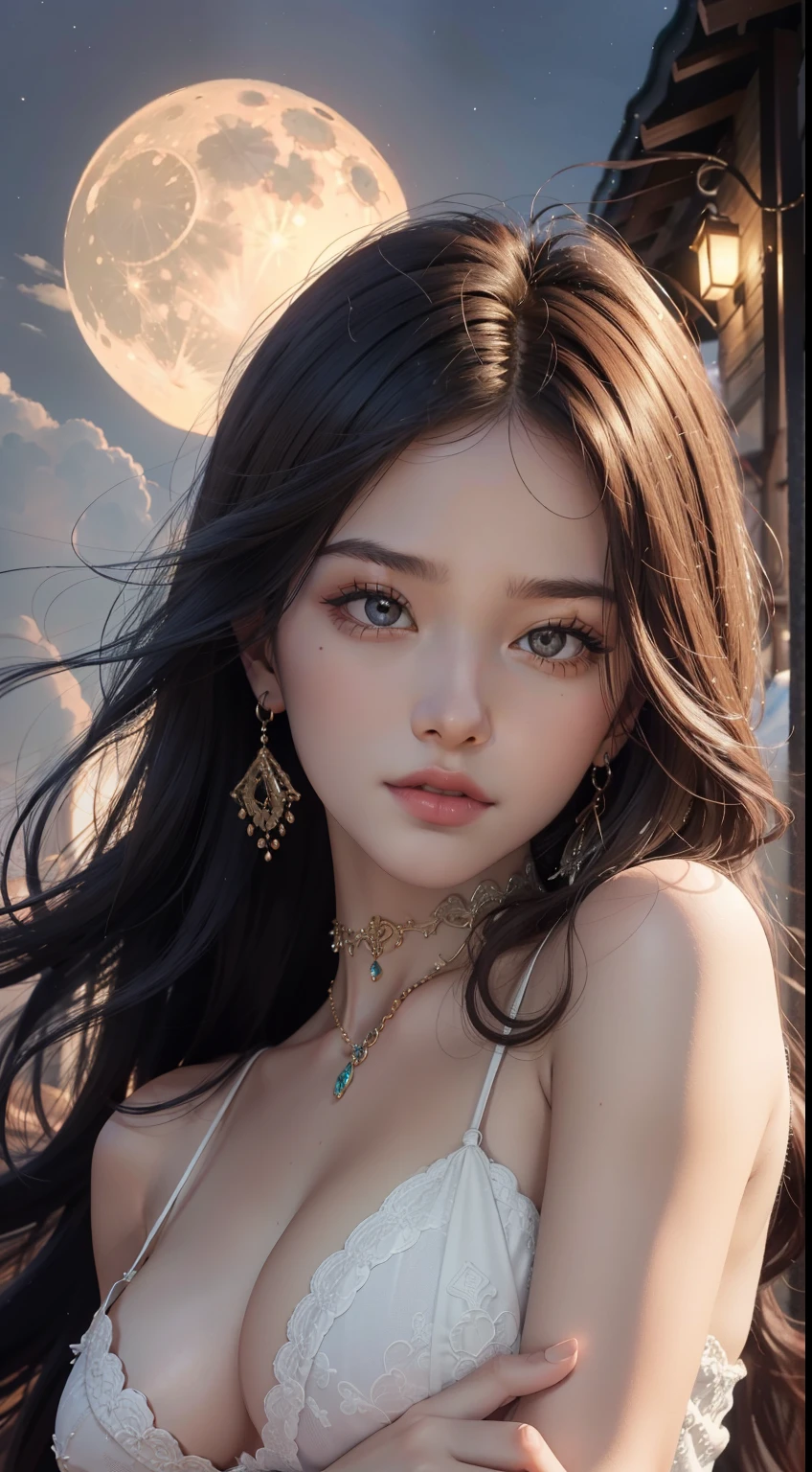 (1girll:1.3),flawless perfection,ren,tmasterpiece,professionalartwork,famousartwork,(Perfect face shape:1.6),Detail face,Highly detailed face and skin texture,二重まぶた,A detailed eye,(beautidful eyes:1.4),pure beauty,(Slim female body:1.3),(during night:1.5),full moon,(exteriors:1.2),goddes,fanciful,dream-like,(abundance:1.4),Luxury,Complicated details,delicate patterns,big breasts enchanting,hair adornments,(ssmile:1.3),looking at viewert,(SakuraNS:1.3),hot onsen,(:1.2),(softlighting:1.2),(独奏:1.6),耳Nipple Ring,choker necklace,(elegant hair:1.2),High sharpness,high high quality,fashionable wear,Clear focus,Gradient hair,long whitr hair,Best quality at best