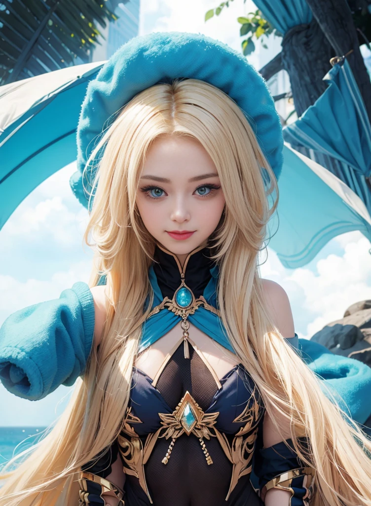 Ashe,white hair, blue eyes,hood,upper body,pper body,seductive smile,beach