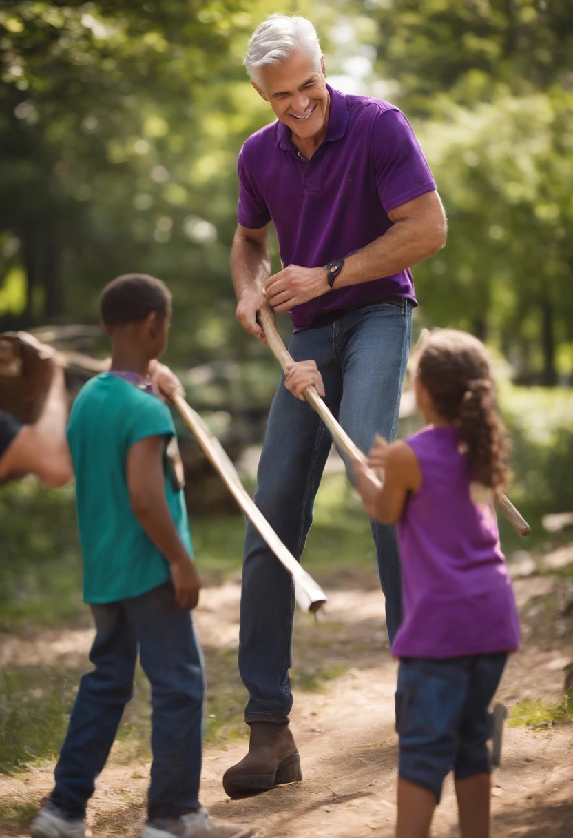 A photo of the character leading a group in a volunteer clean-up of a local park,original,silver haired man with purple eyes, kind face, sweet smile, sharp features, late teens, male