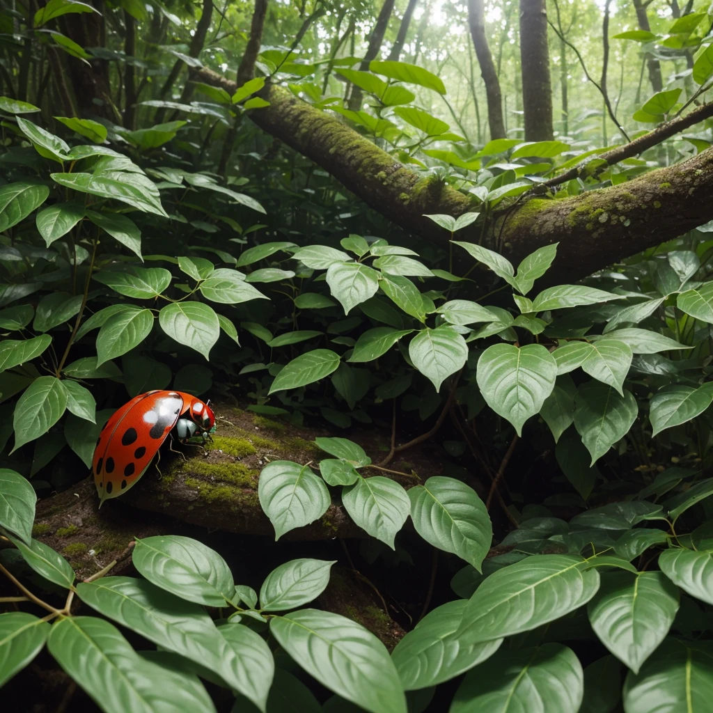 (best quality,ultra-detailed,realistic),ladybug in a forest,red ladybug,insect,small creature,nature,detailed leaves,green plants,tall trees,sunlight filtering through the branches,dappled light,peaceful atmosphere,quiet surroundings,vibrant colors,macro photography,close-up of the ladybug,shiny carapace,black spots on its back,delicate wings,carefully painted details on its body,subtle textures,sharp focus,impressive level of detail,pure and bright colors,fresh air and tranquility,serene environment,calm and relaxing ambiance