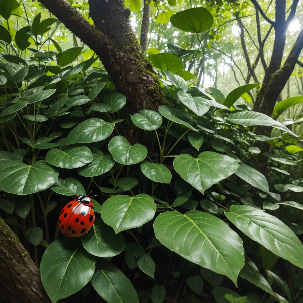 (best quality,ultra-detailed,realistic),ladybug in a forest,red ladybug,insect,small creature,nature,detailed leaves,green plants,tall trees,sunlight filtering through the branches,dappled light,peaceful atmosphere,quiet surroundings,vibrant colors,macro photography,close-up of the ladybug,shiny carapace,black spots on its back,delicate wings,carefully painted details on its body,subtle textures,sharp focus,impressive level of detail,pure and bright colors,fresh air and tranquility,serene environment,calm and relaxing ambiance