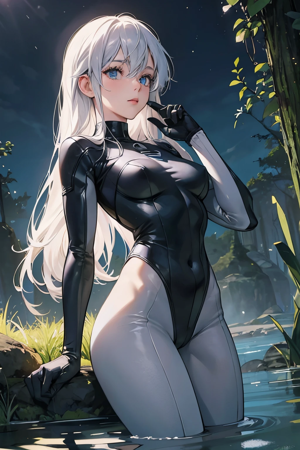 superhero girl with grey dark bodysuit with white gloves, whit hair nsfw little clothes, in a swamp, ((full nigth))