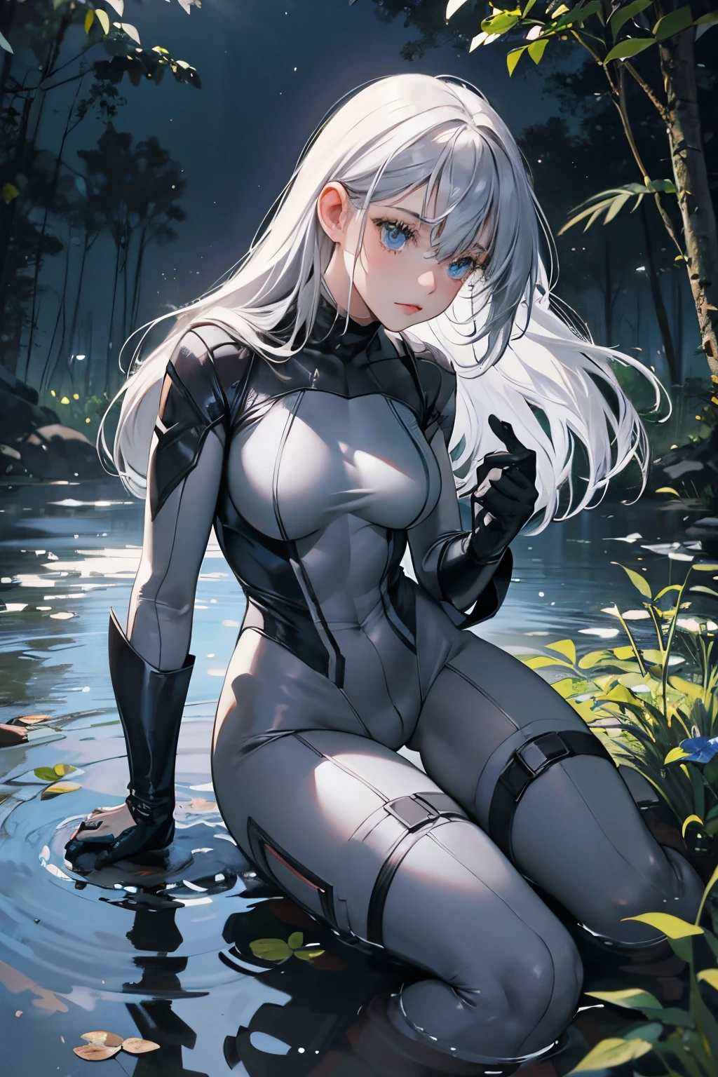 superhero girl with grey dark bodysuit with white gloves, whit hair nsfw little clothes, in a swamp, ((full nigth))