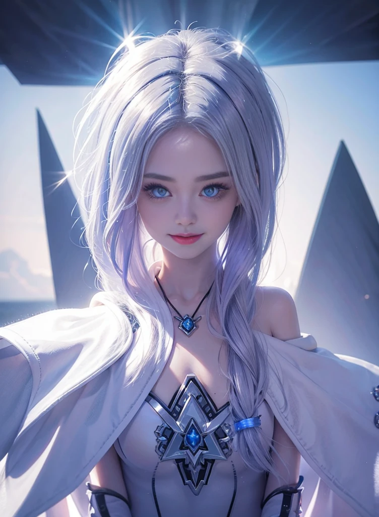 fluorescent silver hair,Nice face,purple Bikini,Heterochromatic pupil,ssmile,rays of sunshine,fully body photo,Soft metering