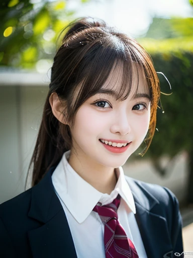 (masterpiece, best quality, photo realistic, official art:1.4), (UHD, 8K quality wallpaper, High resolution, raw photo, film grain:1.2), (shiny skin), professional lighting, physically-based rendering, Award-winning, highly detailed skin, (extremely detailed face and eyes, clear pupils), Carl Zeiss 85 mm F/1.4, depth of field, BREAK, 1girl, solo, kawaii 24-year-old Korean girl, (Nogizaka idol:0.7), (Korean idol:0.9), (glossy brown hair, high ponytail, straight bangs:1.3), rounded face, single eyelid, (splash laughing:1.3), (wearing school uniforms, longsleeved collared shirt, dark red necktie:1.3), navy plaid mini skirt, (navy socks, black loafers:0.7), (breasts emphasized, well shaped medium breasts), (looking at viewer), BREAK, at a garden in a school, summer daytime, warm sunlight, (randomly seductive posing with dynamic angle:1.3), breasts focus, upper body shot,