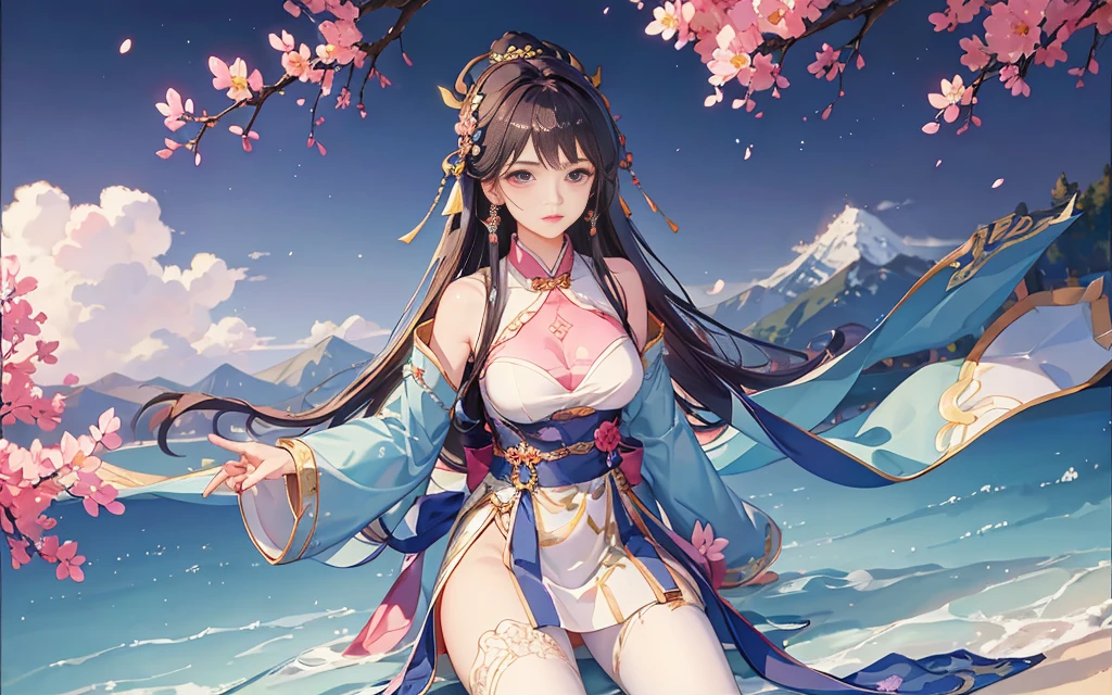 with blue sky and white clouds，mountain in the distance，pink flowers，cherry trees，Hanfeng girl,phoenix crown tiara、Dense embroidery、Wearing Hanfu pantyhose、wearing sleeveless Hanfu、You can clearly see the transparent pants、look at panties and panties、Bare oversized breasts、raw,(8K、top-quality、tmasterpiece:1.8)、(intricate detailes:1.8)、(真实感:1.8)、octane renderings、Complex 3D rendering ultra detail, Studio Soft Light, edge light, vibrant detail, super detailing, realistic skin textures, Detail Face, beautidful eyes, Very detailed CG Unity 16k wallpaper, cosmetics, (detailedbackground:2.0), Skin glow、Spread your legs，camel toes showing thighs!!!