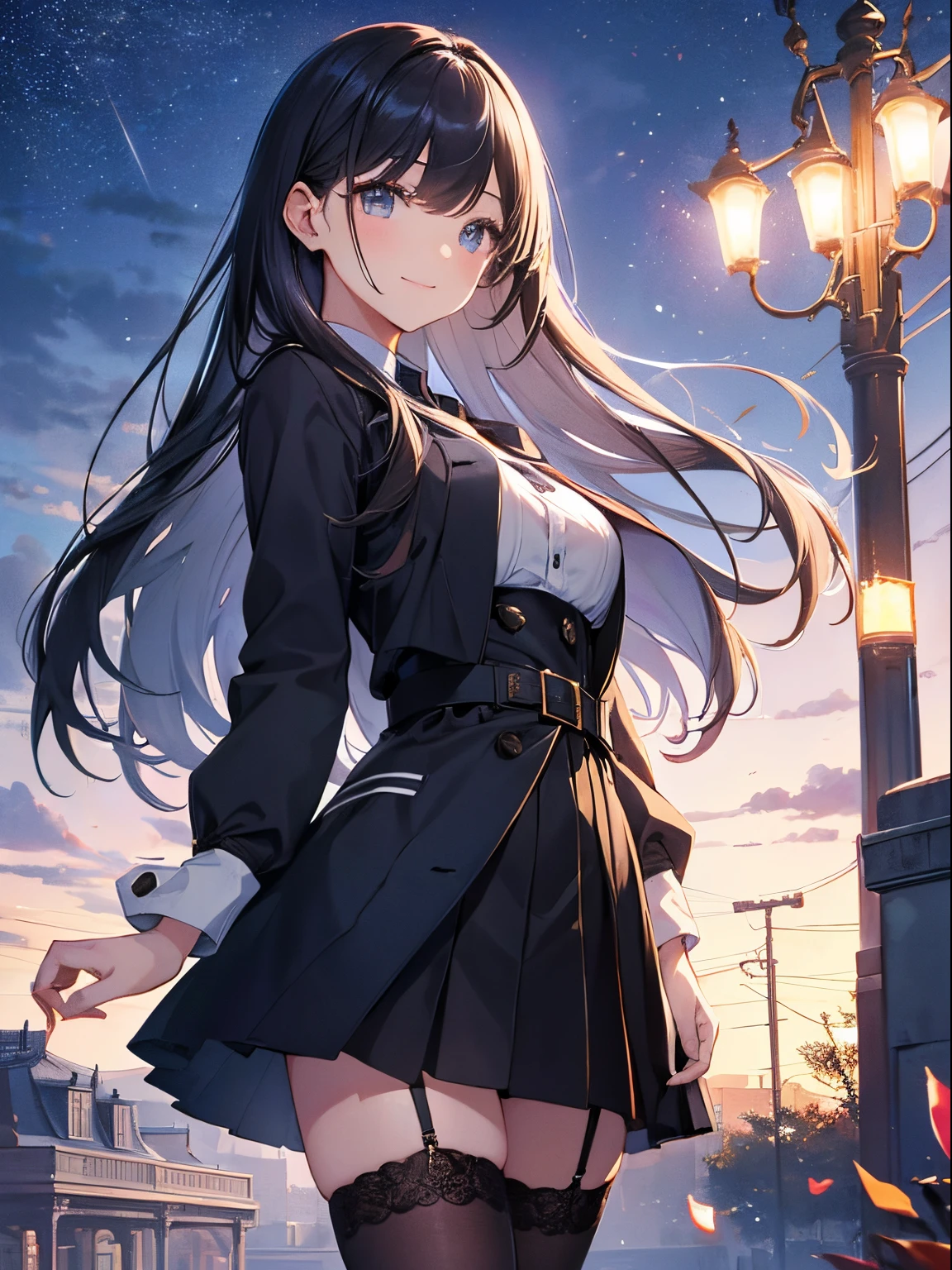nightcity、Evening glow、taken from the under、low angles、Panty shot master piece, Best Quality, hight resolution, masterpiece、 cowboy shot、(front facing:1.5)、Schools、school courtyard、Angle looking up at the sky、Autumn sunny、blue-sky、Girl standing with open legs、A smile、Hands on hips:1.2、、Shooting from the floor、astride the cameraman、(1girl in),(beautiful eyes finely detailed、Face to detail、masterpiece sidelighting、masterpiece、top-quality、detaileds、High resolution illustration),Delicate Makeup, (a closeup:1.2)、POV、softfocus、Background bokeh、 BREAK(Highest quality illustrations:1.2),(1girl in),(beautiful eyes finely detailed、Face to detail、masterpiece sidelighting、masterpiece、top-quality、detaileds、High resolution illustration),Woman facing the front with her whole body,Delicate Makeup,closes mouth,Black eyes,Semi-long hair with short bangs,A dark-haired、Hair color is a blue-gray gradient,BREAK(top-quality、ultra-detailliert、highly detailed and beautiful、超A high resolution、Detailed arm:1.2)、BREAK(top-quality、ultra-detailliert、highly detailed and beautiful、超A high resolution、Detailed arm:1.2),, BREAK , Dark blue duffel coat、Skirt of,high-school uniform、Black sailor suit、 Long sleeves,warm long coat、 Black skirt,Black pantyhose,Black panties, Beautiful breasts, Perfect body、BREAK is very detailed, Convoluted, masutepiece, absurderes、 ((Smooth texture:0.75, Realistic texture:0.5, Anime CG style)),nigh sky、