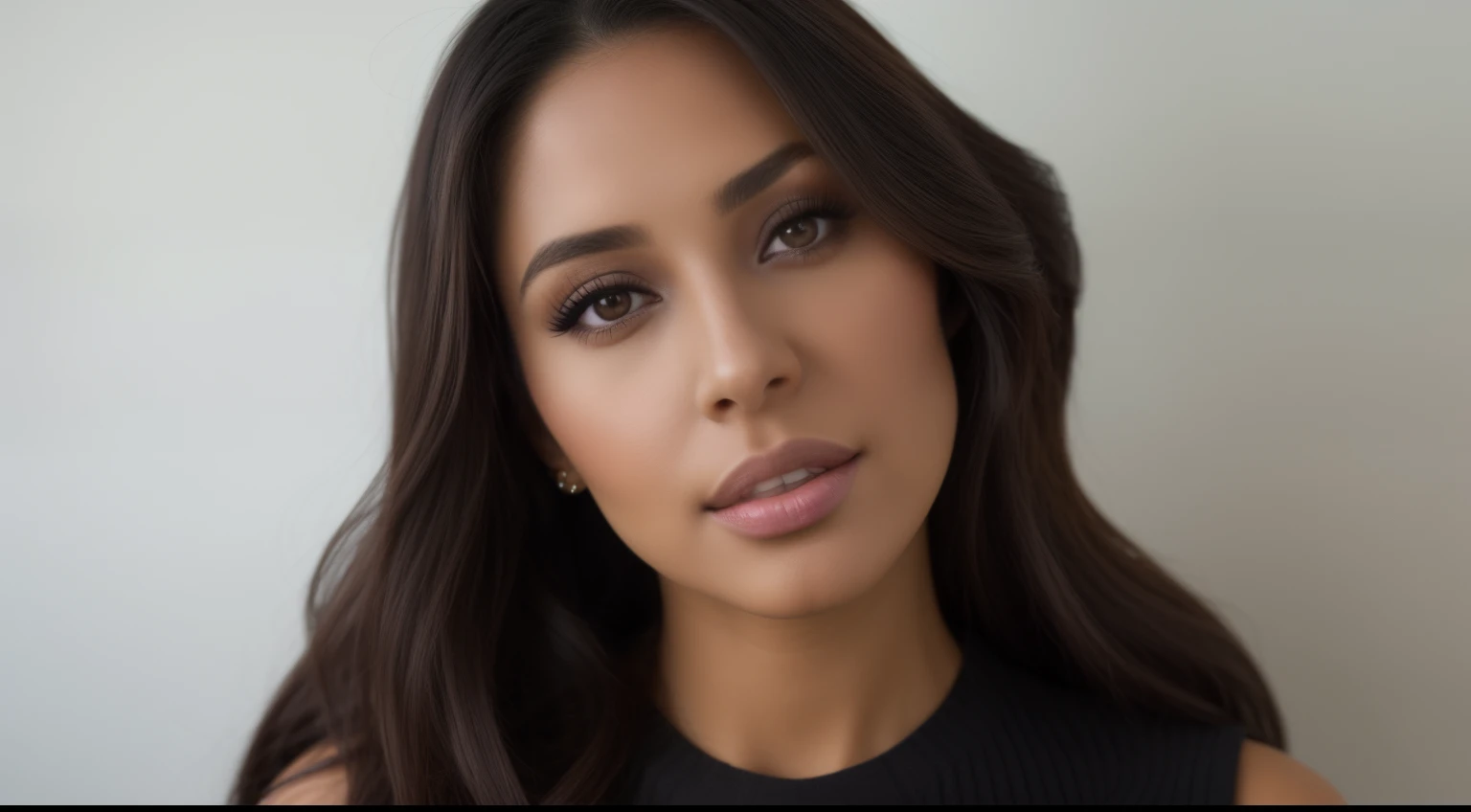 there is a woman with long hair and a black top, gorgeous latina face, flawless olive skin, sexy face with full makeup, with professional makeup, sultry look, headshot profile picture, detailed flawless face, violet myers, full face close up portrait, brown skin. light makeup, stunning closeupheadshot, alanis guillen, full face portrait, portrait sophie mudd, face is far from camera and shes sitting on office