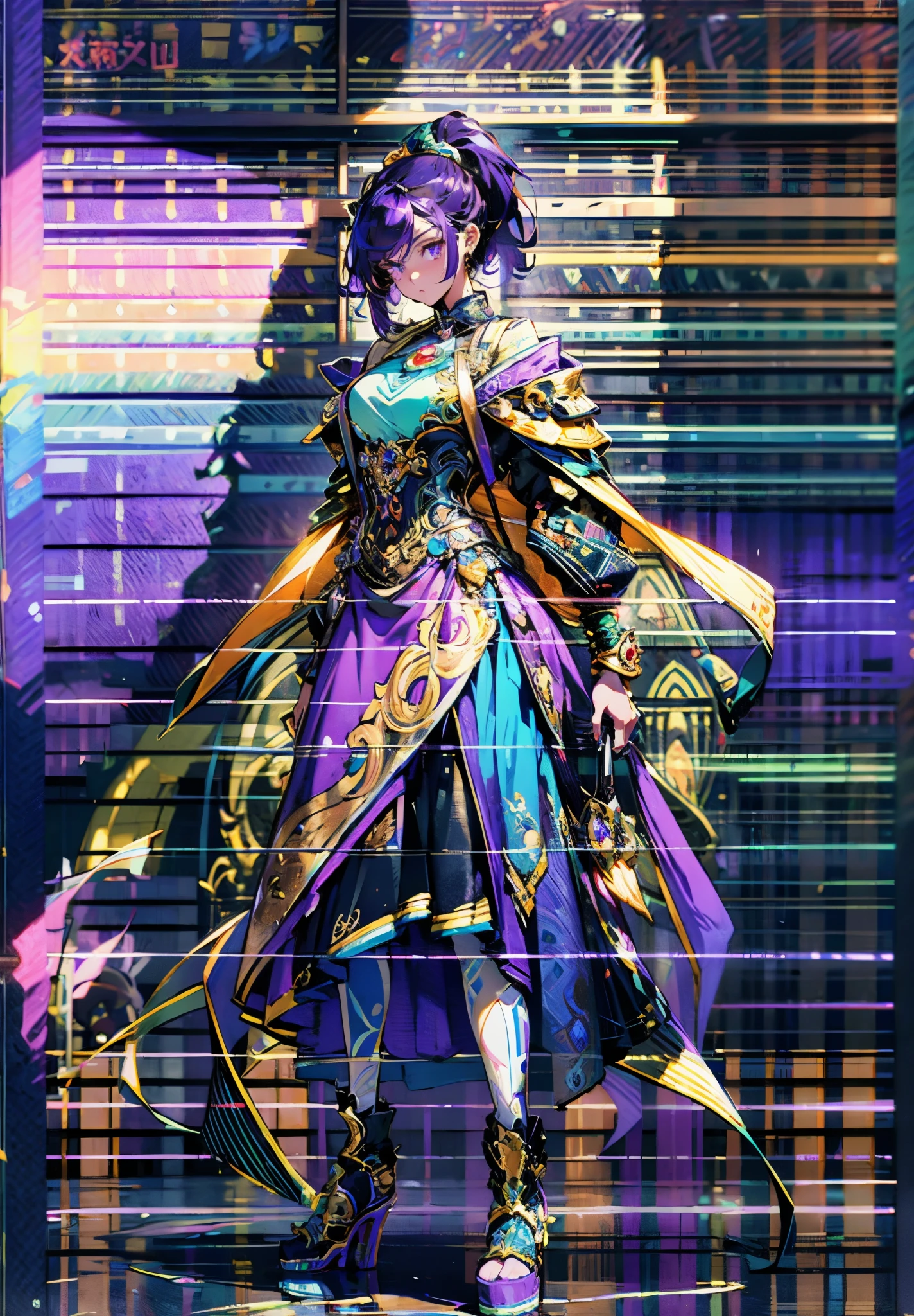 A beautiful young woman, long blue-purple hair, long bangs, ponytail, sharp gaze, a serious expression, a slender and athletic figure, a fantasy martial arts-style two-piece outfit, a fitted qipao-style long skirt, a blue-purple long cloak that almost covers her entire body, adorning her chest is an exquisite jade decorative brooch, purple mist swirls around her, a mysterious atmosphere, this character embodies a finely crafted fantasy martial arts-style female warrior in anime style, exquisite and mature manga art style, high definition, best quality, highres, ultra-detailed, ultra-fine painting, extremely delicate, professional, anatomically correct, symmetrical face, extremely detailed eyes and face, high quality eyes, creativity, RAW photo, UHD, 8k, Natural light, cinematic lighting, masterpiece-anatomy-perfect, masterpiece:1.5