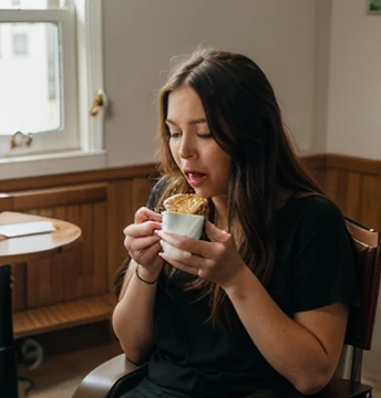 Make a person sitting in a chair eating something