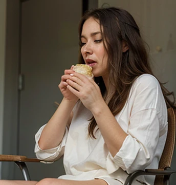 Make a person sitting in a chair eating something