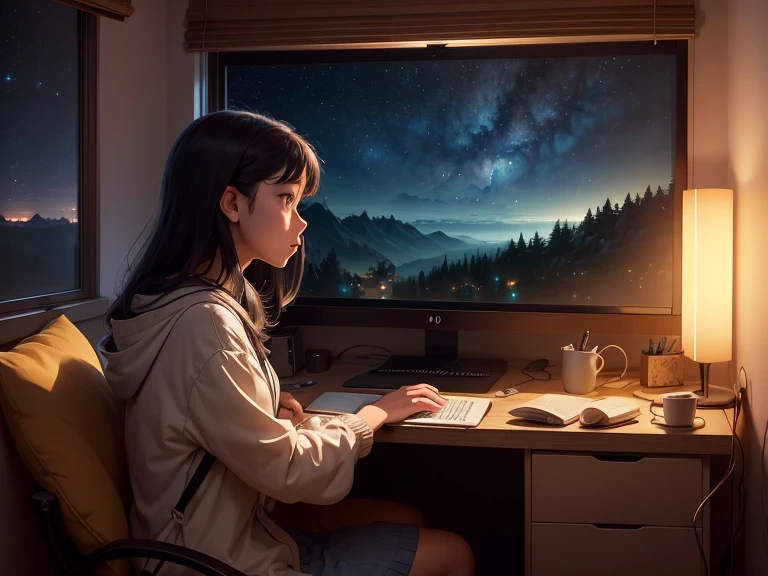 In the quiet of her room, a girl sits at her desk, her laptop open in front of her. The screen is filled with a digital canvas, and with each click of her mouse, she brings to life a stunning Studio Ghibli-inspired landscape. The night sky outside her window serves as the perfect backdrop for her artistic visions to come to life.