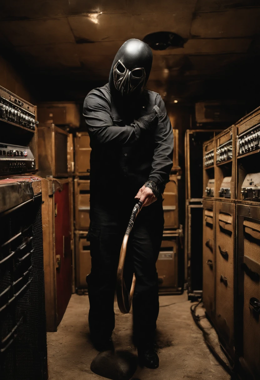 A photo of Slipknot's masked bassist, Alessandro Venturella, crafting heavy basslines in an underground bunker.,original,slipknot, male