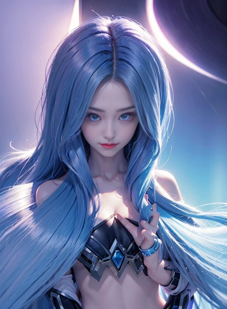 Long blue hair,Nice face,purple Bikini,Heterochromatic pupil,ssmile,rays of sunshine,Full body photo,Soft metering