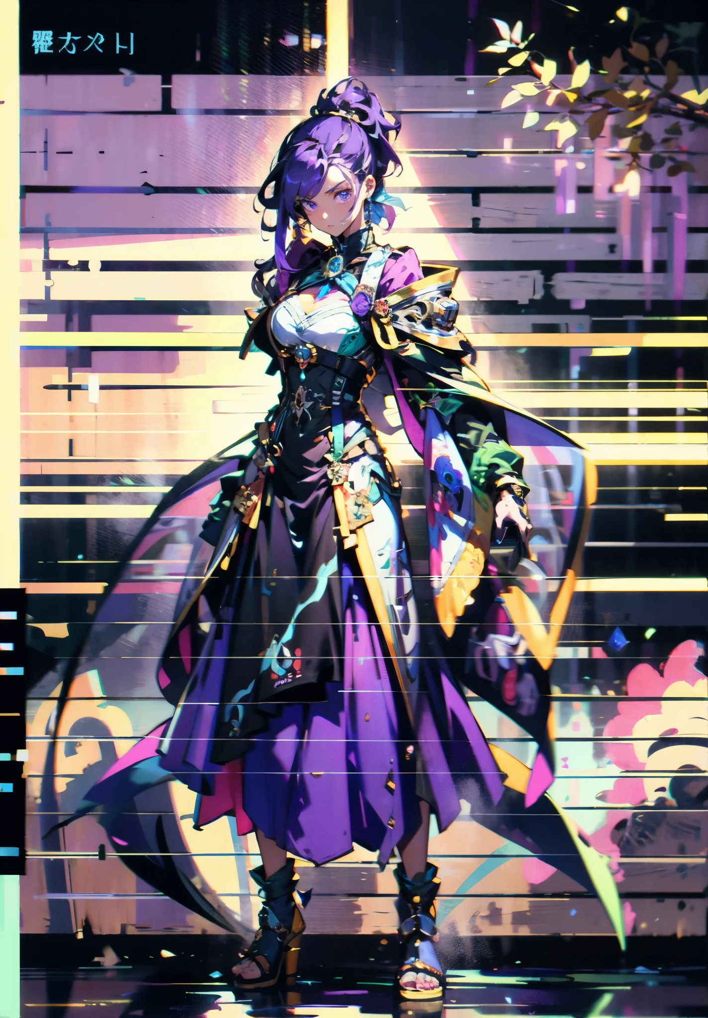 A beautiful young woman, long blue-purple hair, long bangs, ponytail, sharp gaze, a serious expression, a slender and athletic figure, a fantasy martial arts-style two-piece outfit, a fitted qipao-style long skirt, a blue-purple long cloak that almost covers her entire body, adorning her chest is an exquisite jade decorative brooch, purple mist swirls around her, a mysterious atmosphere, this character embodies a finely crafted fantasy martial arts-style female warrior in anime style, exquisite and mature manga art style, high definition, best quality, highres, ultra-detailed, ultra-fine painting, extremely delicate, professional, anatomically correct, symmetrical face, extremely detailed eyes and face, high quality eyes, creativity, RAW photo, UHD, 8k, Natural light, cinematic lighting, masterpiece-anatomy-perfect, masterpiece:1.5