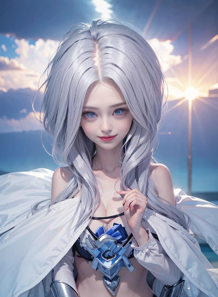 fluorescent silver hair,Nice face,Gray bikini,Heterochromatic pupil,ssmile,rays of sunshine,Full body photo,Soft metering