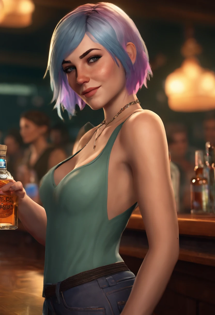 Naked girl with big boobs and defined abs, showing off , big dick in ass, sitting on the ground with legs spread open, overwatch themed, dildo in pussy, huge pointy nipples with milk squirting out. very detailed boobs, pink hair, full body tattoos