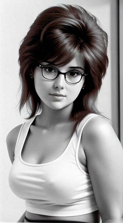 Realistic 80s photo on monochrome film; modest shy young plump Russian woman 38 years old, beautiful proportional round face, round cheeks, Round chin, Big shiny brown eyes, eyeglasses, small snub-nose, parted sensual lips, Serious, calm pleasant smile, medium length brown thick tousled hair (80s punk hairstyle); small proportional plump body, beautiful very small realistic breasts with large erect nipples (Nipple erection), without underwear, White translucent silk shirt with a loose fit and top button undone, embarrassed look at the camera, (upper-body), natural light; Monochrome image