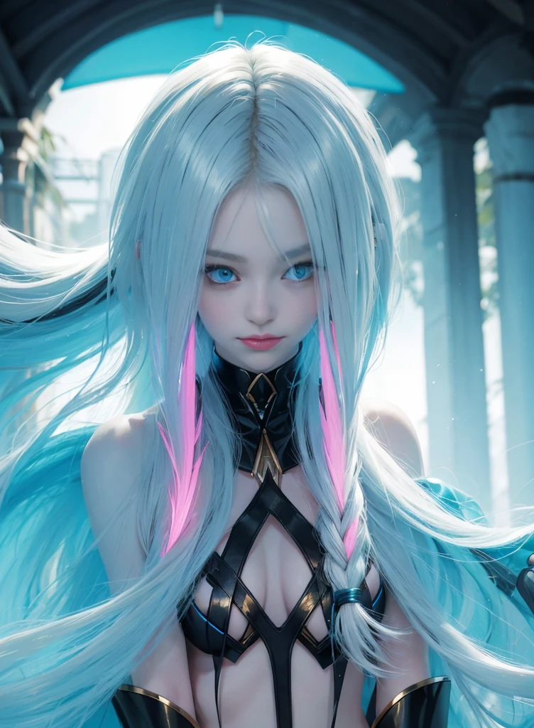Fluorescent blonde long hair，Nice face，Blue and black bikini，Heterochromatic pupil，ssmile，apathy，比基尼，Full body photo，the soft light