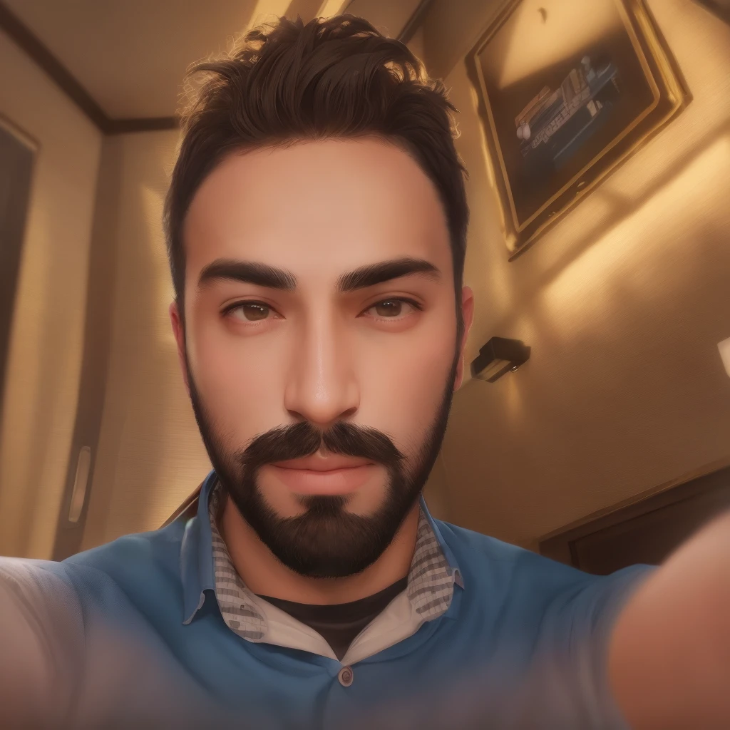arafed man with a beard and a blue shirt looking at the camera, com uma barba pequena, Fotografia selfie 8k, (Estilo Anime)