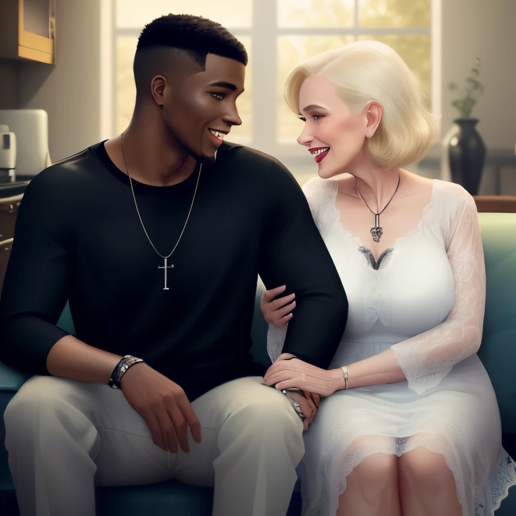 Attractive old blonde woman of 65 years old in black latex uniform dating a young black man of 19 years old