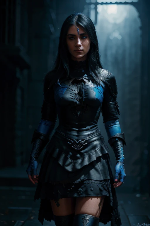 front view (beautiful Brazilian woman, blue eyes, in black dress ) artistic sharp gloomy art, (dan mumford style:1.3), hdr, realism, cinematic woman