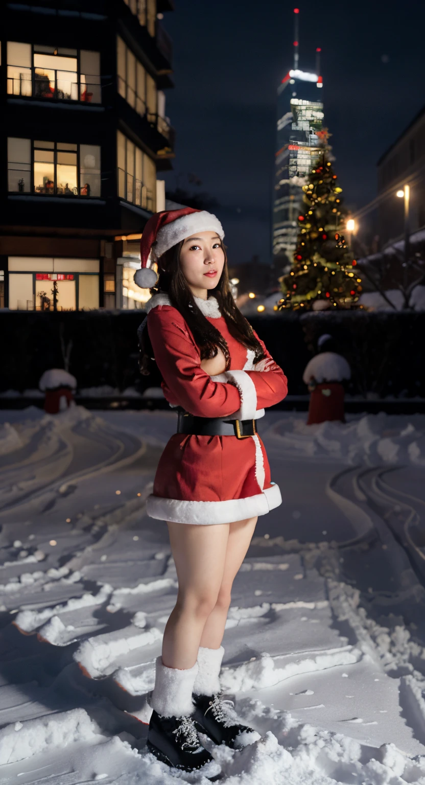 santa claus, japanaese girl, city, Night, Snow, Skyscrapers