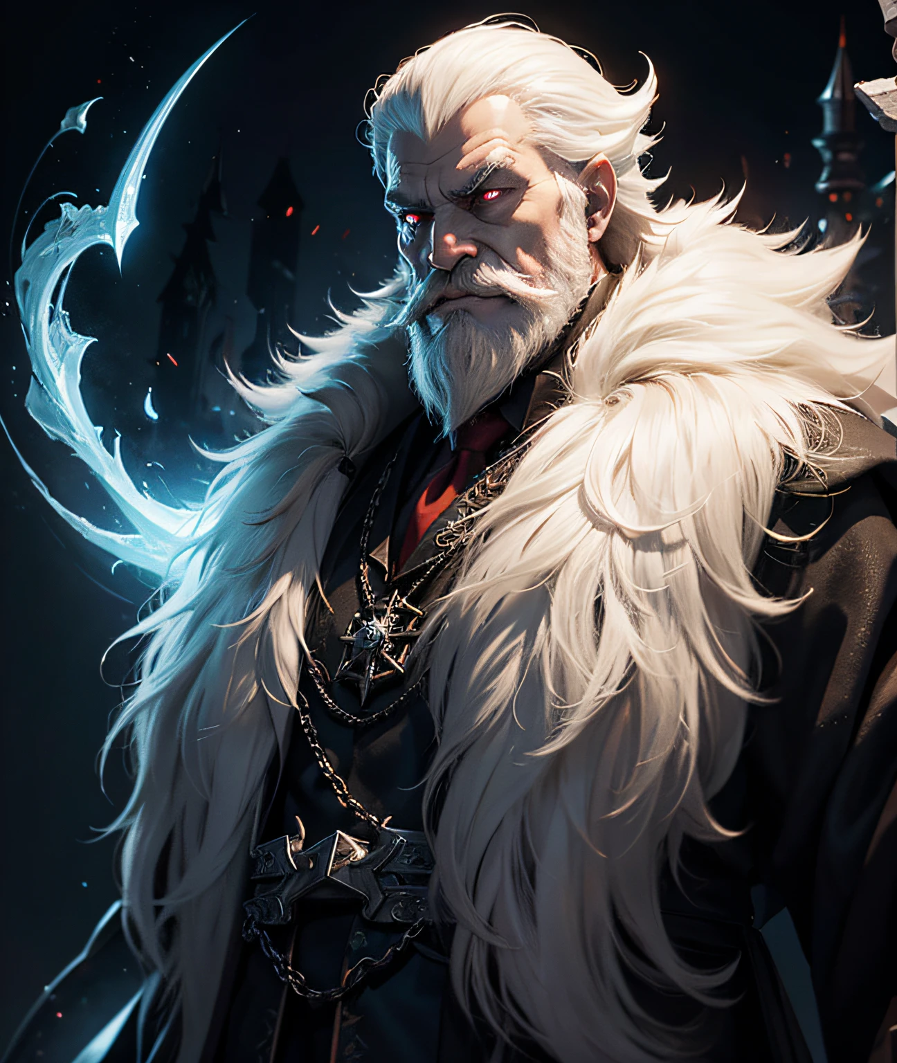 Evil wizard, smirking face, devilface, white beard, evil react, fullbody, dark background, volumetric lighting