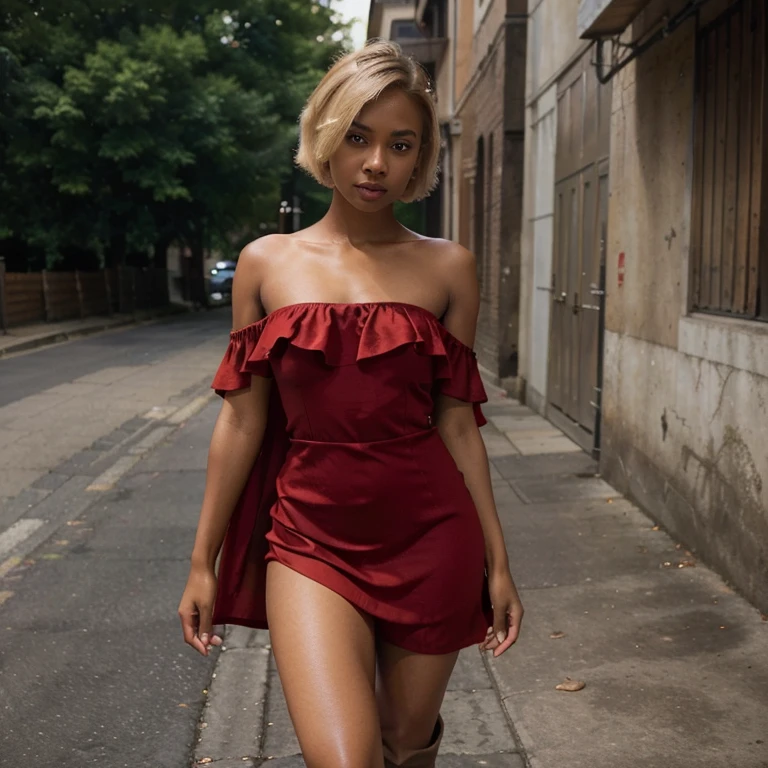 Beautifu brown-skinned young woman wearing layered sexy red chiffon dress and sexy black boots (( petite figure)) 。she has short blonde hair ((detailed skin textures)) nice eyes、happy facial expression、((brown-eyed)) nice nose ((dark skin and white blonde)The hair )) ((Blonde shorthair )) Photorealistic images、High quality images taken with iPhone 14、high resolution images、Very realistic textures ((stand at an outdoor street)) long snakes skin trendy boots, ((blonde short hair )) brown girl with blonde hair , ((Pinterest trending boots)) solo petite model ((red dress))