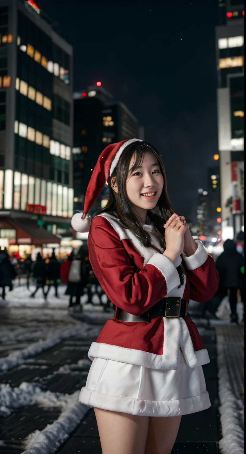 santa claus, japanaese girl, city, Night, Snow, Skyscrapers