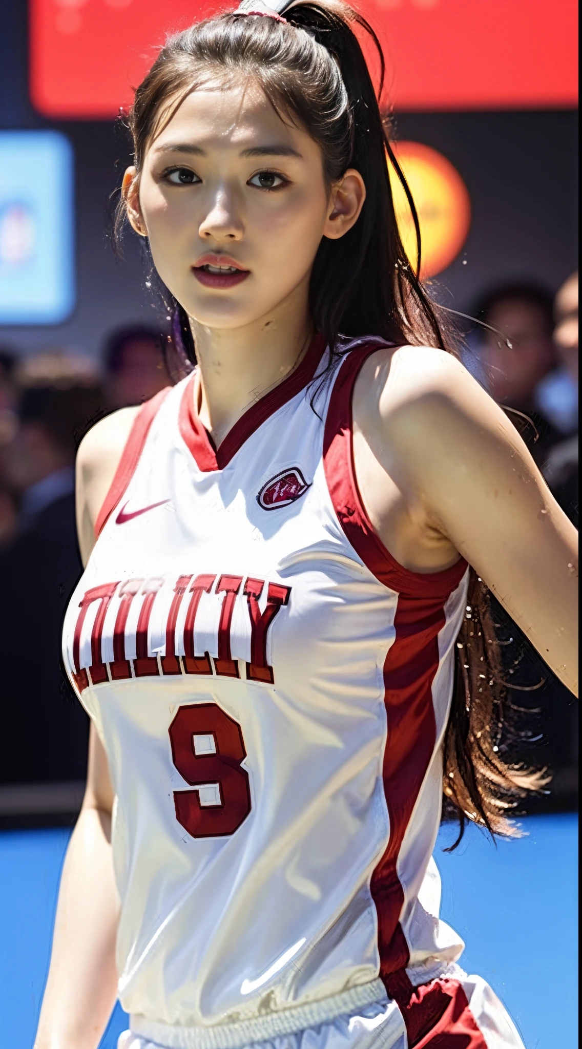 Highly detailed CG Unity 8k wallpaper, of the highest quality, super detailed, masutepiece, Realistic, photographrealistic, extremely detailed cute girl, 25 years old, ,, Upper body , ,Colossal tits,Black eyes,shiny basketball uniform,Wet with water