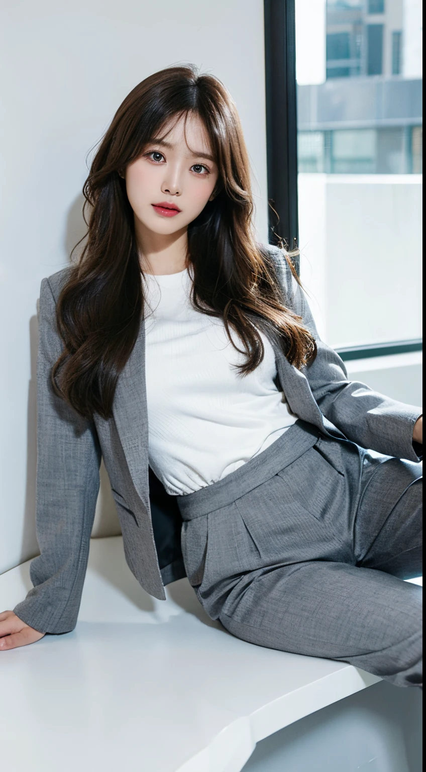 tmasterpiece, Best quality at best, realisticlying, 8K, RAW photogr, Ultra-high sharpness,The is very detailed, absurd res, professional, office room,Extremely detailed eyes and face,1 pretty girl,grey suit,looks into camera,Elongated legs,Gray trousers，Delicate face slimming,,white skinned,natural soft light，canon 6d，wide angles