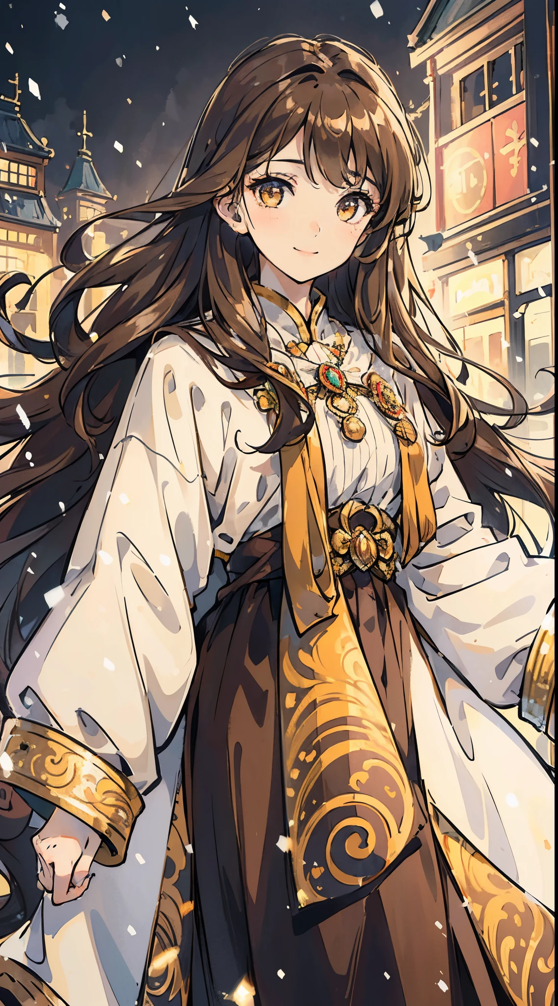 Woman, long brown wavy hair, long brown wavy hair, floating wavy hair, wavy hair, golden eyes, golden eyes, FOV, f1.8, masterpiece, complex scene, front portrait shot, winter clothing, snowing, city in background, close up, smiling, ((NO FRONT BANGS)), ((NO BANGS))