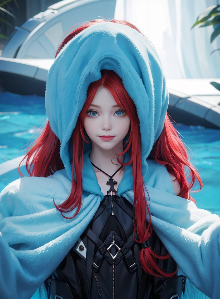 Red hair and long hair,Nice face,Blue and black bikini,Heterochromatic pupil,ssmile,apathy,比基尼,Full body photo,the soft light
