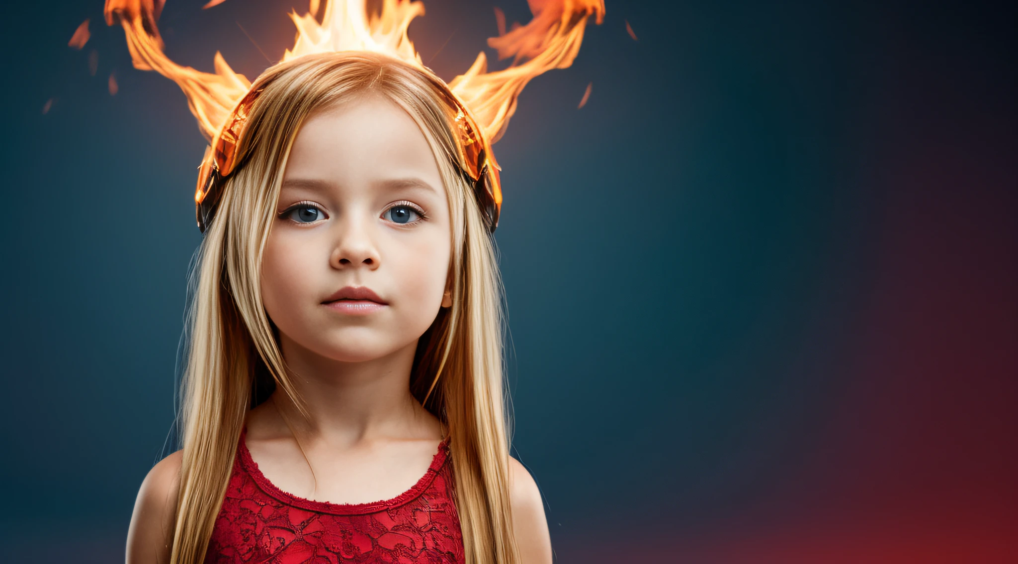 HALO EM FOGO, CHILD GIRL BLONDE LONG HAIR, fundo vermelho,