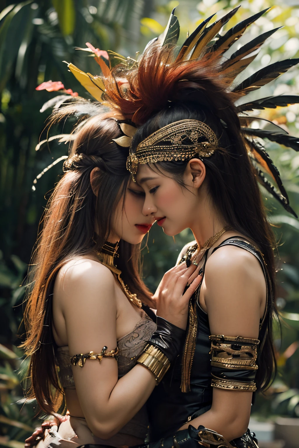 high contrast portrait of two female tribal warriors,super big eyes:1.4,front view, Look at the camera,Hug and touch each other, Tease a friend's belly, Tease a friend's buttocks, Blushing friend, Biting a friend's earlobe, Hug each other from behind, Touch your friend's breast from below,