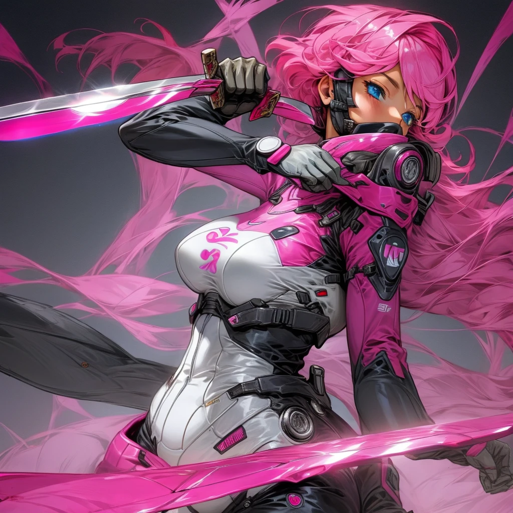Pilot suit big breasts pink hair long knife